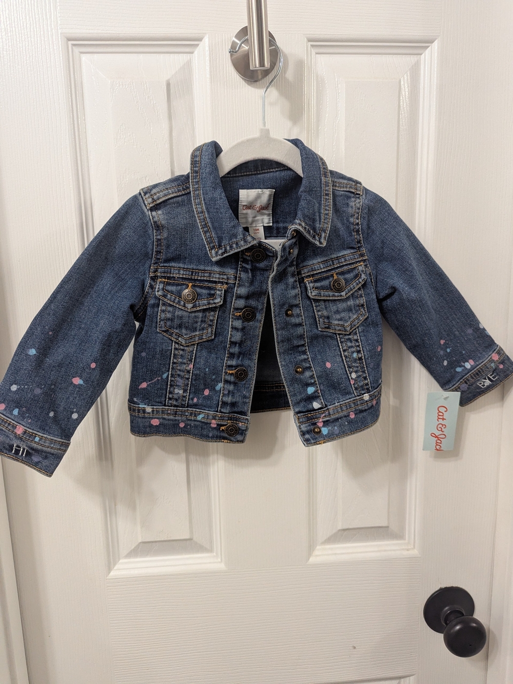 Cat & Jack Blue Denim Jean Jacket with Pink & Light Blue Paint Splatter